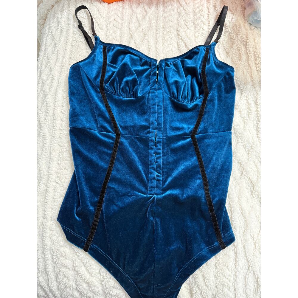Cider‎ Velvet Corset Bodysuit Jewel Tone Teal Blue XL Clasp Front Regency Lux